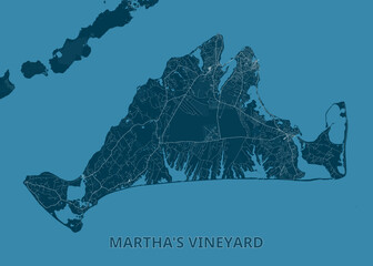 Map of Martha's Vineyard, rendered in shades of blue. The island's shape is clearly defined, with intricate details of roads and waterways visible.