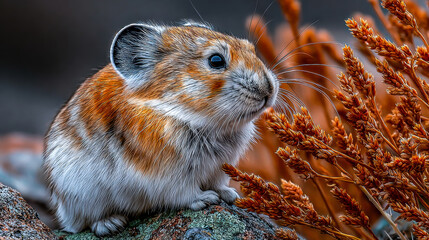 Close up of wild rodent sitting among dry grass in natural light