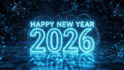 Happy new year 2026, glowing blue neon text, futuristic celebration background, digital design, sparkling particles, modern holiday greeting, festive illumination