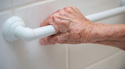 Close up of a senior woman's hand gripping a white support bar in a tiled bathroom.  This assistive technology helps aging adults maintain independence and safety while bathing.