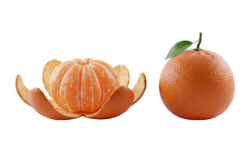 Mandarin Oranges with a peeled section revealing the vibrant orange flesh, isolated on a transparent background