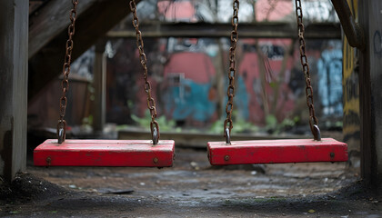 A pair of bright red shoes are suspended from rusty chains in a mysterious, urban setting