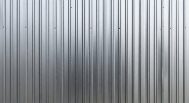 Texture of a silver corrugated metal sheet presenting a modern industrial backdrop