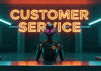 Futuristic AI Robot Providing 24/7 Customer Service Assistance at a Neon-Lit Desk, symbolizing advanced digital business support and automation.
