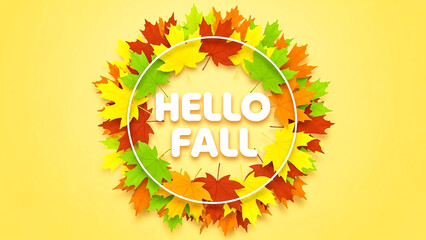 Festive welcome banner featuring colorful autumn maple leaves forming a circle on white background