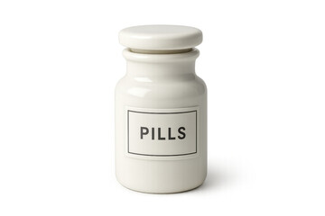 White ceramic apothecary jar with lid, pills label, containing medicine for health, transparent background