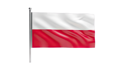 Polish Flag Waving on a Pole Against White Background