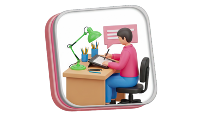 3D Cartoon Artist Drawing on Tablet at Desk