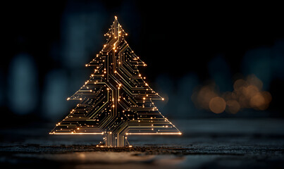 Glowing circuit board lines and sparkling particles creating a futuristic christmas tree silhouette, representing technology and holidays
