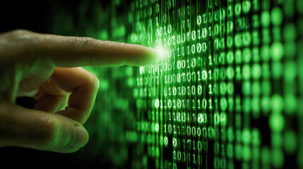 Human finger interacting with glowing green binary data on a digital screen, symbolizing cybersecurity and futuristic technology interface concepts
