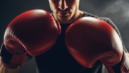 Intense boxer with red gloves ready to fight in dark foggy arena
