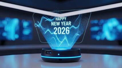 Happy new year 2026 celebration with glowing blue digital display and futuristic lighting effects on sleek black device