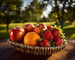 Rustic Woven Basket Overflowing with Vibrant Apples, Oranges, Strawberries, Bathed in Golden Outdoor Sunlight.