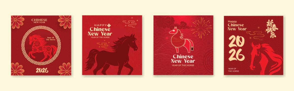 modern art Chinese New Year 2026 design set for social media post, cover, card, poster, banner. Set of Chinese New Year 2026 greeting cards in red and gold colors. Banners with horse zodiac symbol 