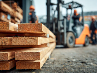 Stacked wooden planks ready for transport in a busy lumber yard with workers and industrial forklift operating in the background on a dirt ground