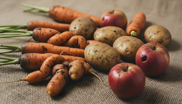 Organic Imperfect Ugly Fruits And Vegetables Carrots Potatoes And Apples On Burlap Texture Background - Powered by Adobe