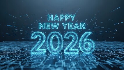 Happy new year 2026 celebration with glowing blue neon lights on digital circuit background