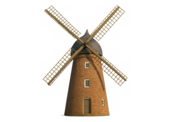 Windmill standing on a transparent background, representing traditional agriculture, renewable energy, and historical architecture