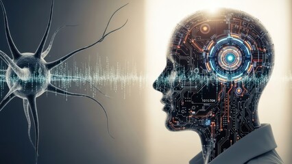 Neural network head, circuitry, neuron, sound wave, future tech concept