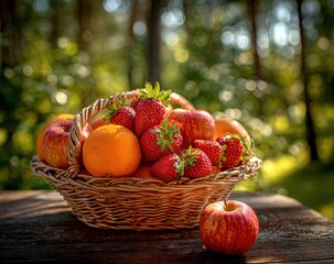 Sun-Kissed Harvest - Wicker Basket Overflowing with Fresh Strawberries, Oranges, Apples.