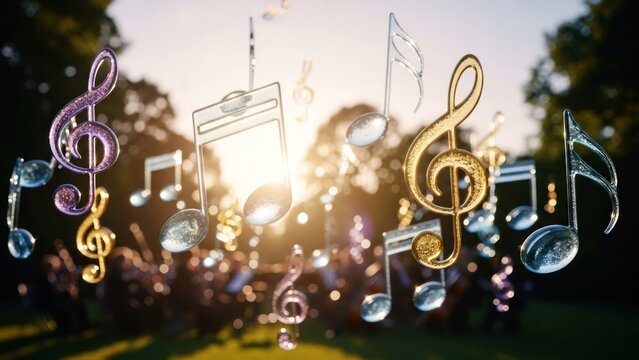 Musical notes floating, shimmering in sunlight, against a blurred natural backdrop - Powered by Adobe