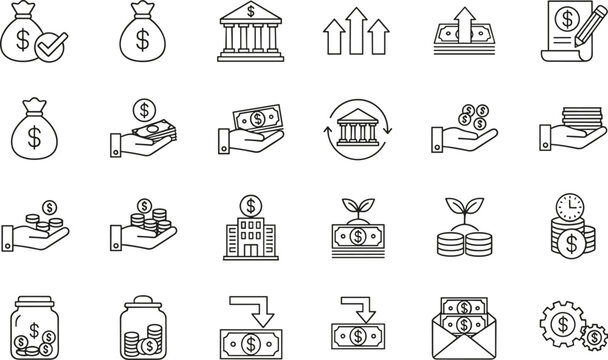 Comprehensive financial icon set featuring money growth, banking services, investment savings, cash flow management, profit increase, wealth accumulation, and business capital.