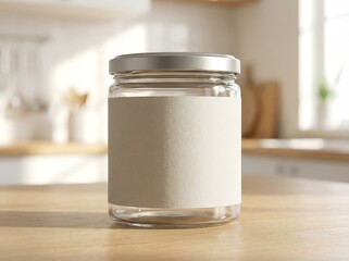 Empty glass jar with blank label on kitchen table