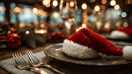 Cutlery fork wearing a red festive father christmas santa hat, wallpaper Christmas dinner Background, copy space