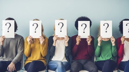 Row of diverse people holding question marks in front of their faces