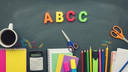 School supplies and colorful letter magnets arranged on a dark chalkboard