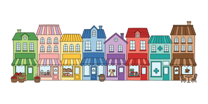 Colorful cartoon street with various shop buildings and stores