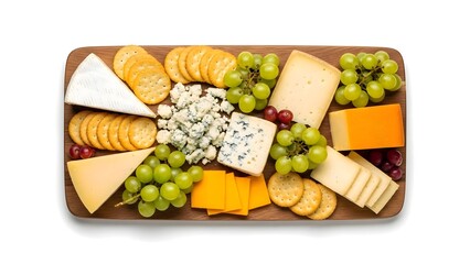 Assorted cheese platter with crackers and fresh grapes on wooden board, top view. Gourmet snack selection, dairy variety, elegant food styling isolated on white.