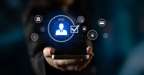 Digital KYC verification with biometric scan, ID authentication, and financial security icons representing identity verification, secure onboarding, fraud prevention, and compliance Latch