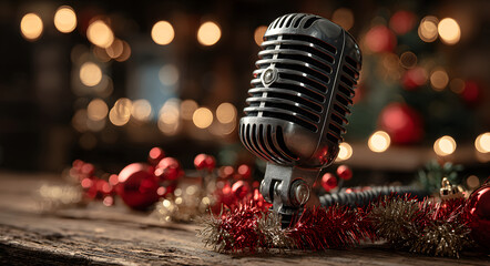 Classic vintage microphone on a wooden surface, surrounded by red and gold tinsel with warm blurred Christmas lights for a festive holiday music performance concept