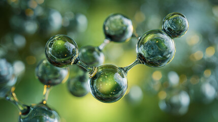 Detailed 3d illustration of a transparent molecular structure with connected spheres representing atoms and bonds against a blurred green natural background