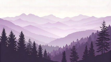 Obraz premium Serene Purple and Lavender Misty Mountain Landscape with Pine Forest Silhouettes, Atmospheric Layered Nature Background