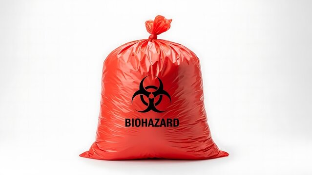 Red biohazard bag with warning sign on white background