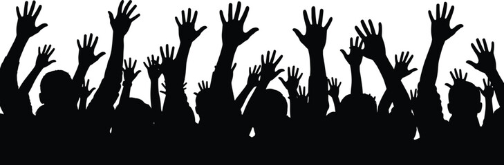 Silhouette crowd illustration, raised hands, unity vector, protest clipart, black and white, public gathering, activism, social movement, participation