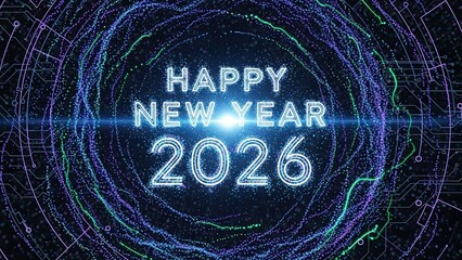 Happy new year 2026 celebration with glowing blue neon lights on dark background with swirling digital patterns