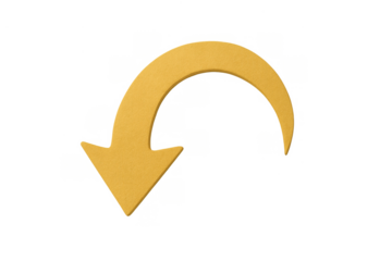 Yellow textured arrow pointing down and curving left, indicating direction, return, undo, or u-turn symbol
