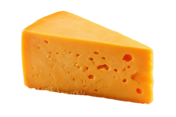 Wedge of cheddar cheese isolated on transparent background. Sharp cheddar cheese wedge delicious dairy food snack ingredient isolated on white background.