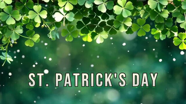 "Happy St. Patrick's Day Animation with Glowing Green Shamrocks, Magical Gold Particles, and Bokeh Background Loop"