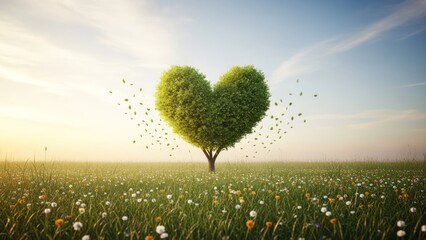 Solitary heart-shaped tree in floral field against serene sky, wispy clouds, golden light