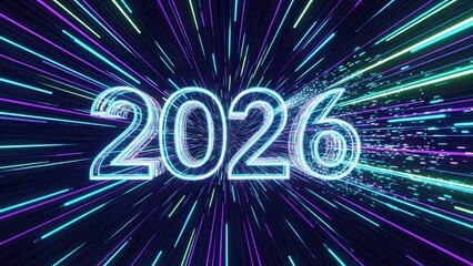 Glowing neon 2026 with vibrant multicolored light trails on dark background, futuristic technology concept with radiant beams