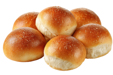 Freshly baked golden brown burger buns topped with seeds isolated on transparent background. Delicious golden brown sesame seed burger buns isolated on white background.