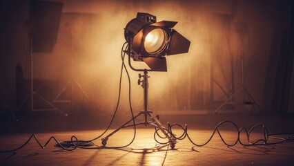 Stage spotlight on a stand, illuminated, with cables on the floor and hazy atmosphere