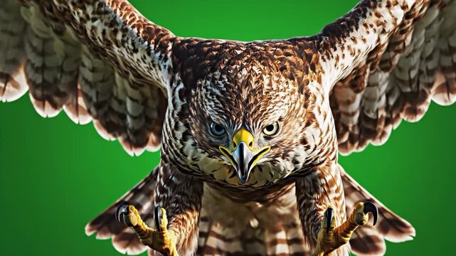 Intense closeup of a hawk flying directly towards the camera