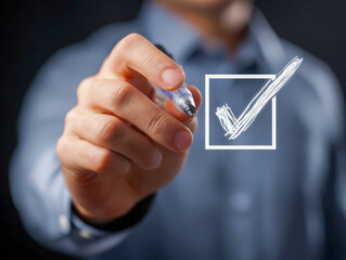 Businessman marking a check symbol with a pen on a transparent digital interface representing completion and approval concept in a professional setting