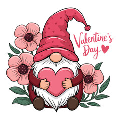 Fototapeta premium Cute Valentine Gnome Holding Heart with Floral Decoration