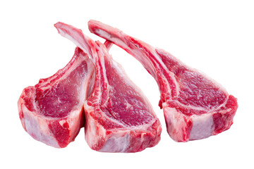 Obraz premium Raw lamb chops isolated on transparent background. Raw lamb chops fresh gourmet meat ready for grilling or roasting isolated on white background.